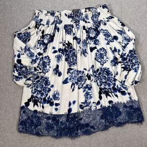 Chelsea and Theodore Woman 3X Off Shoulder Top Blue Floral Lace Trim 3/4 Sleeve